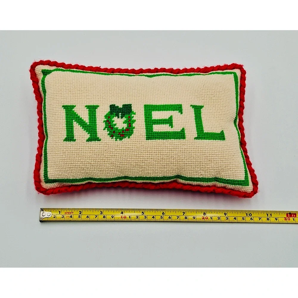 Vintage Christmas Needlepoint Pillows Joy Noel Set of 2 Red Green Cream  6x10